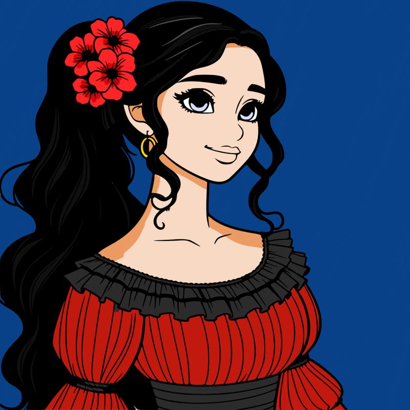 a single latina woman with a side ponytail and a long dress with ruffles. she has a few discreet flowers in her hair. realistic