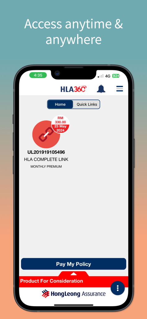 HLA360° app by HLA - HLA360 app dashboard displaying insurance policy details and a pay my policy button.