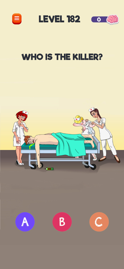 Riddle Test: Brain Teaser Game - A detective puzzle level from the Riddle Test app asking to identify the killer in a hospital scene with three nurses