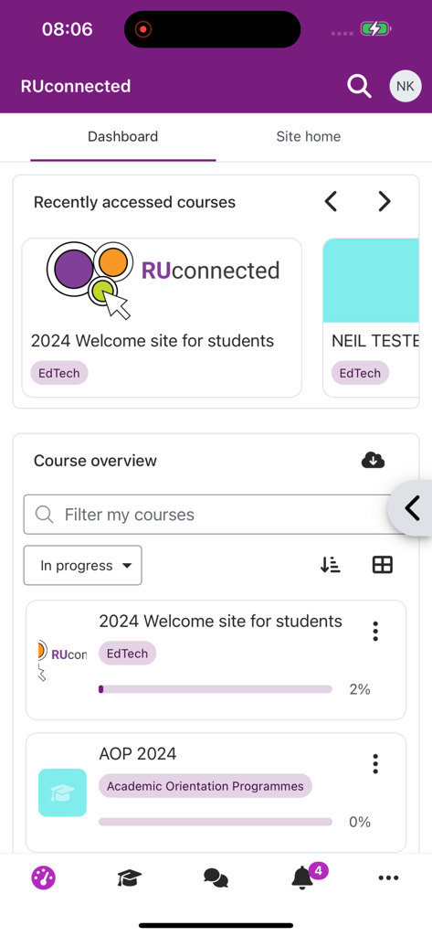 RUconnected - RUconnected app dashboard showing course overview and student progress.