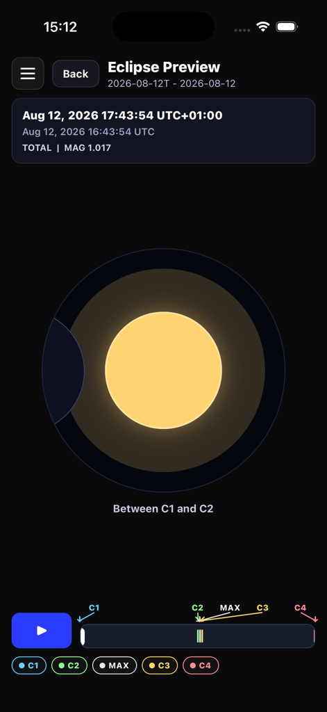 Eclipse Timer - A visual simulation of a solar eclipse on the Eclipse Timer app showing the sun and moon transition between contact phases