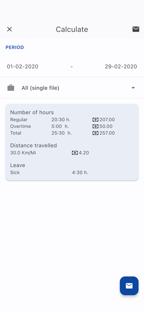 Detailed salary and hours calculation summary within the Timesheet mobile app