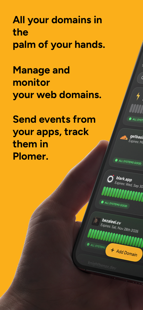 Plomer: Website Monitoring - Pantalla de iPhone que muestra el estado de monitorización de sitios web y dominios de la aplicación Plomer