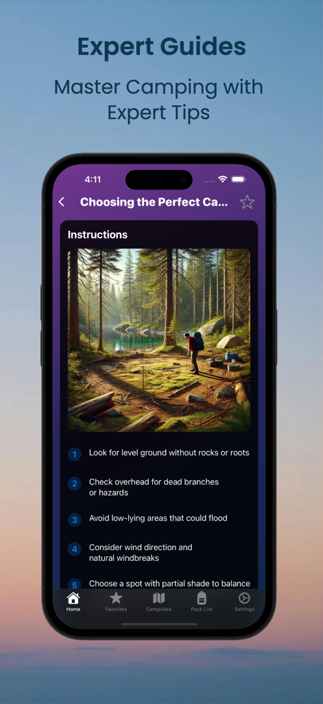 CampMate: Your Camp Helper - CampMate app screen showing expert tips and instructions for choosing a perfect campsite.