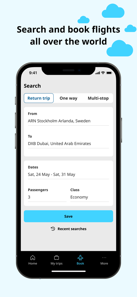 Gotogateモバイルアプリの画面。世界中のフライトの検索と予約用