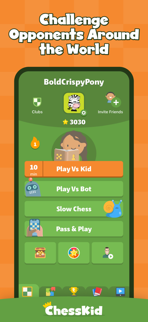 Chess for Kids: Learn to Play - ChessKid app interface showing play options including Play Vs Kid, Play Vs Bot, and Slow Chess modes