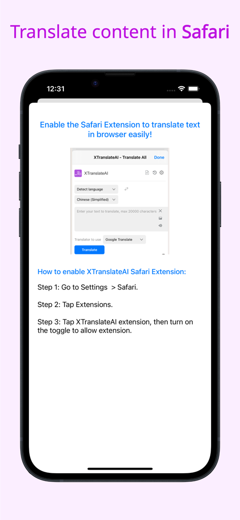XTranslate AI - Instructions on an iPhone for enabling the XTranslate AI Safari extension to translate text directly in the mobile browser.