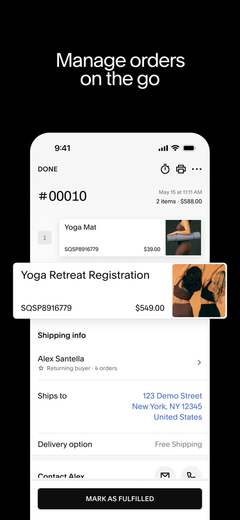 Squarespace: Run your business - Interface de l'application Squarespace montrant la gestion des commandes et les détails de traitement pour une entreprise de mode.