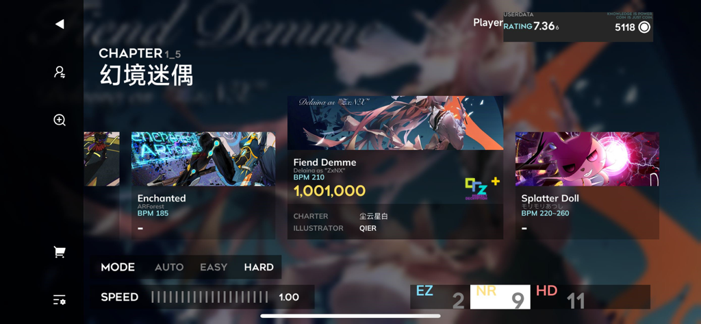 Orzmic - Pantalla de selección de canciones del juego de ritmo móvil Orzmic que muestra pistas como Fiend Demme con una interfaz minimalista