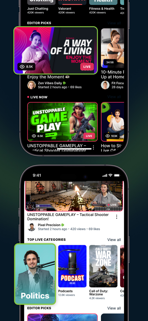 Interface do aplicativo móvel Rumble mostrando várias categorias de vídeo, incluindo transmissões ao vivo de política, jogos e estilo de vida