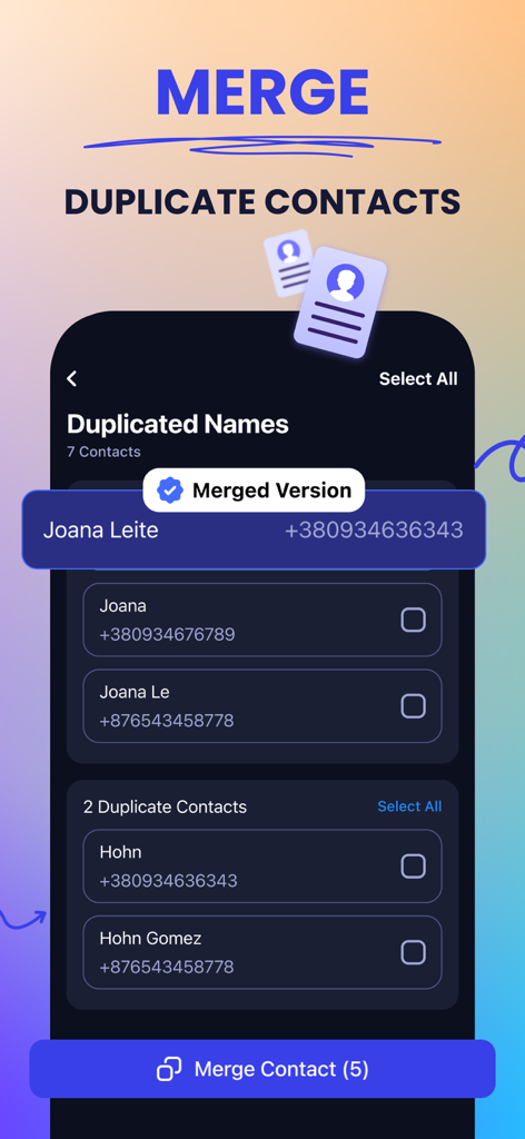 Interfaz de la aplicación Cleaner Guru que muestra la función para identificar y fusionar contactos duplicados en un iPhone