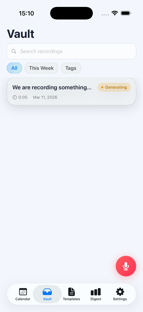 Affirmations - Voicey - 저장된 음성 녹음 목록과 검색 표시줄을 보여주는 Voicey 앱의 Vault 화면