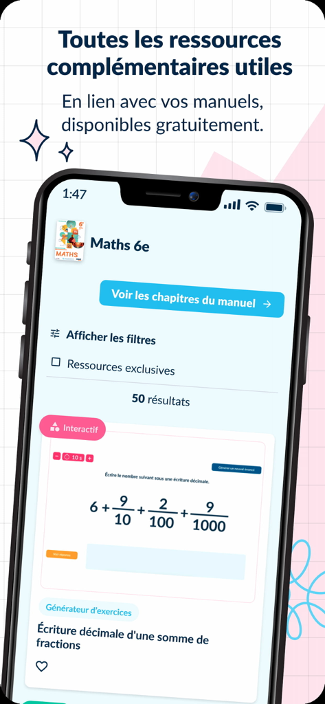 Lelivrescolaire.fr - Vue mobile de l'application Lelivrescolaire montrant un exercice de mathématiques interactif et des ressources de manuels.
