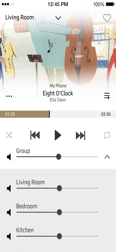 Wireless Audio : Multiroom - Interfaccia dell'app Samsung Wireless Audio Multiroom che mostra controlli di volume indipendenti per gli altoparlanti del soggiorno, della camera da letto e della cucina.