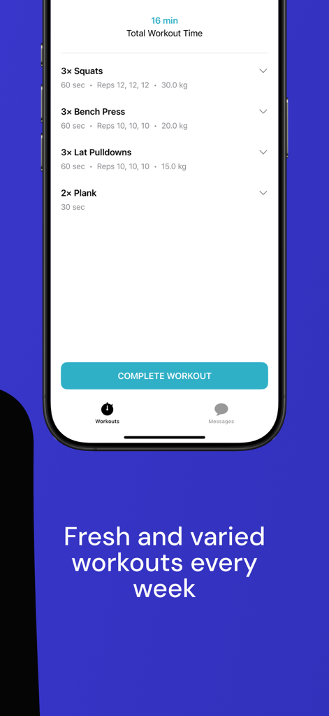 Mobile screen showing a personalized fitness routine with exercises like squats and bench press