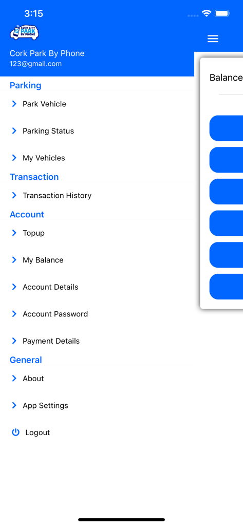 Cork Park by Phone - Navigation menu of the Cork Park by Phone app showing parking and account options
