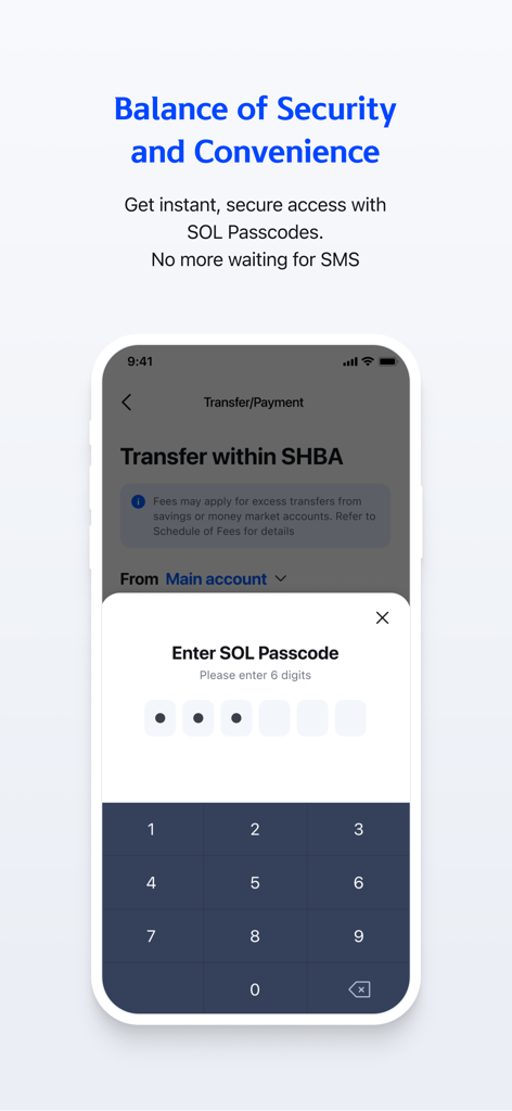 Shinhan Bank America - Shinhan Bank America mobile app screen displaying the SOL Passcode entry for secure transactions