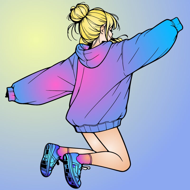 realistic girl jumping with a bun and oversized sweatshirt