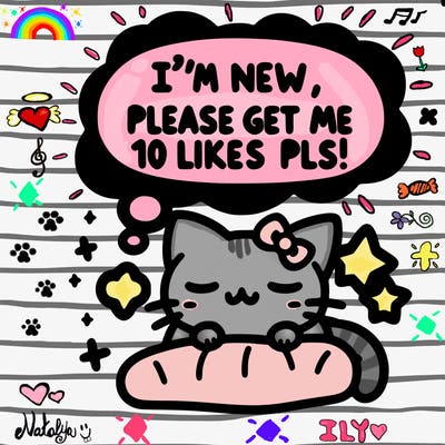 kitty taking a nap dream talking and saying "i'm new, please get me at least 10 likes pls!!"