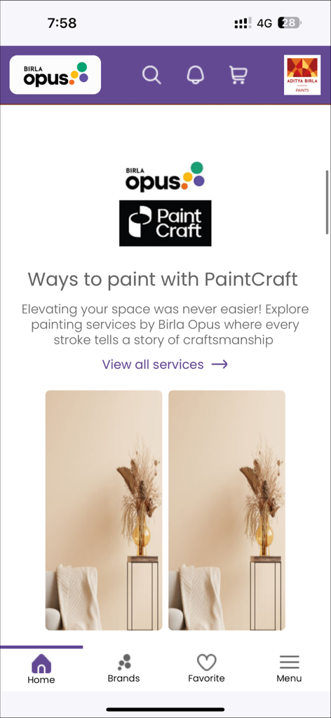 My Opus - My Opus app interface showing PaintCraft professional painting services and minimalist interior design inspiration.
