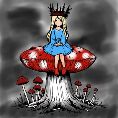 realistic girl sitting on a huge tree stump size toadstool with thorn crown