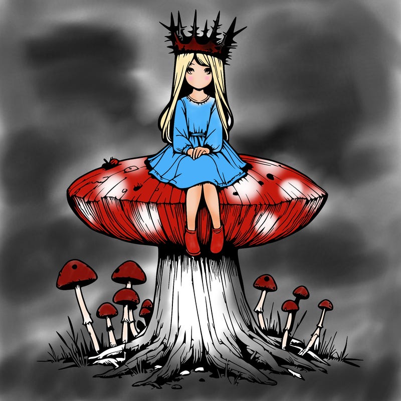 realistic girl sitting on a huge tree stump size toadstool with thorn crown