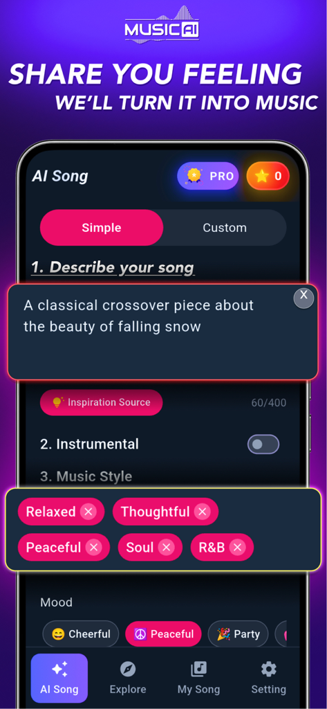 3B Music AI Song Generator - 3B Music AI Song Generator app interface showing a text prompt for a classical song and music style selection tags.