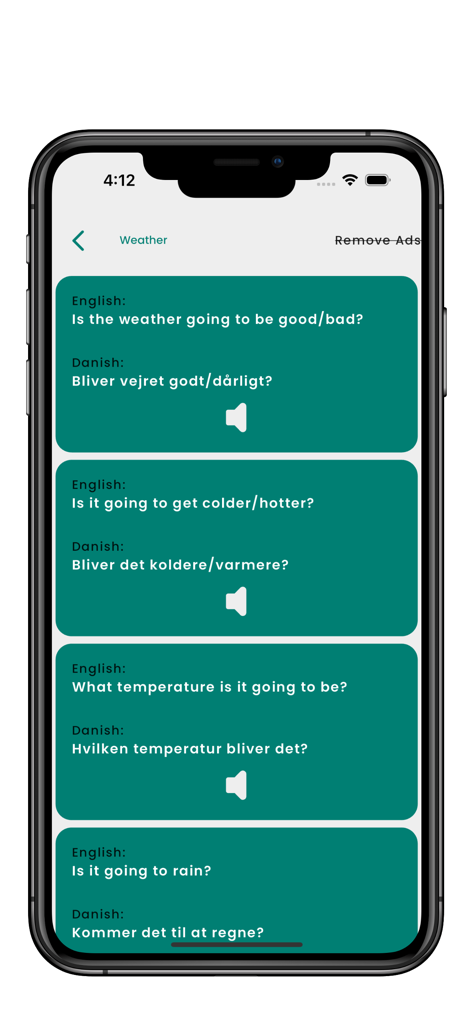 発音用の音声アイコン付きで、天気関連の質問に対するデンマーク語の翻訳を表示するモバイルアプリ画面。