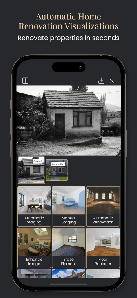Stager AI app screen showing automatic home renovation visualizations and virtual staging features.