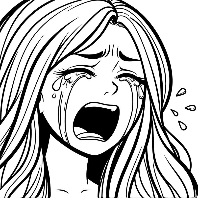 a woman with long hair and crying heavy tears screaming