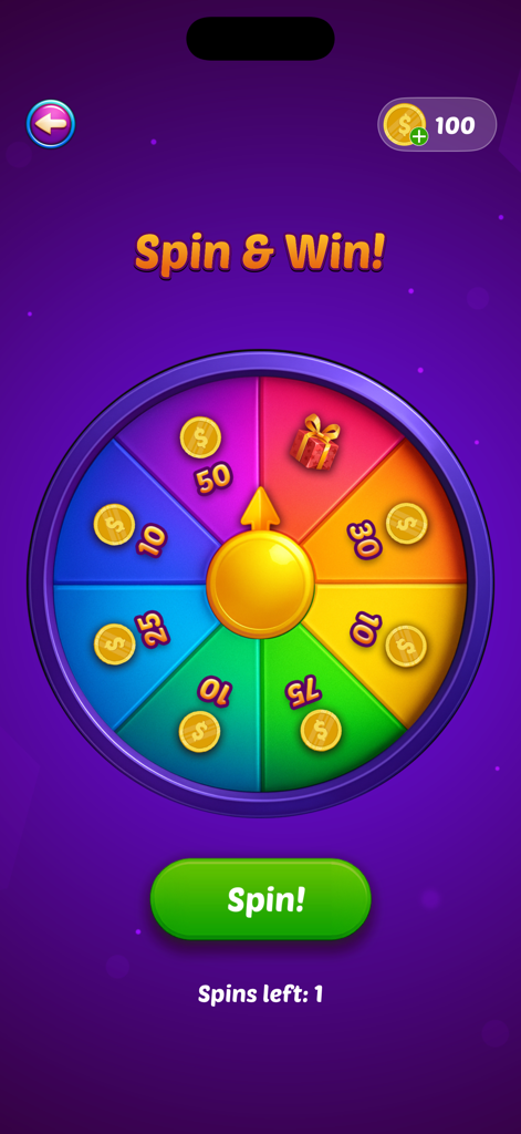 Colorful Spin and Win prize wheel featuring coin rewards and gifts in the Word Candy app interface.
