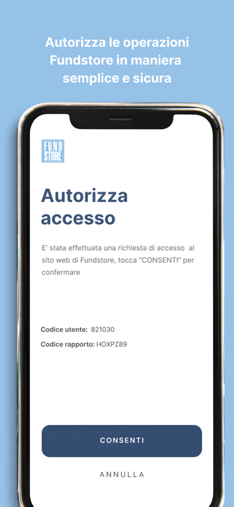 Fundstore - Fundstore app interface showing an authorization request for website access with an allow button