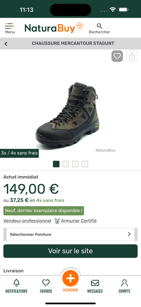 Page produit de l'application NaturaBuy affichant une paire de bottes de chasse à vendre.