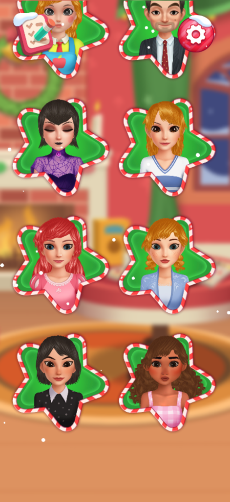 Hair Salon: Beauty Salon Game - Character selection screen with diverse cartoon avatars in star shaped frames for styling