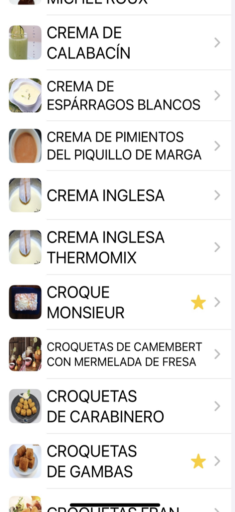 Mi libro de recetas - Interface of the Mi libro de recetas app showing a list of Spanish recipes including vegetable creams and croquettes.