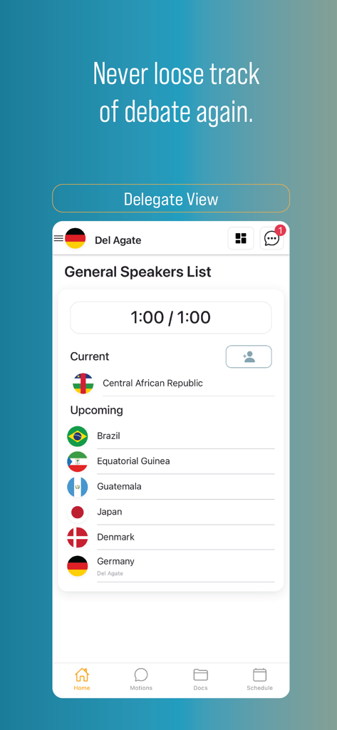 MUN Command app interface showing a Model United Nations delegate speakers list with country flags and a debate timer.