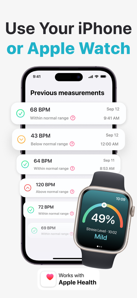 MyPulse app showing heart rate measurements history on an iPhone and stress level monitoring on an Apple Watch