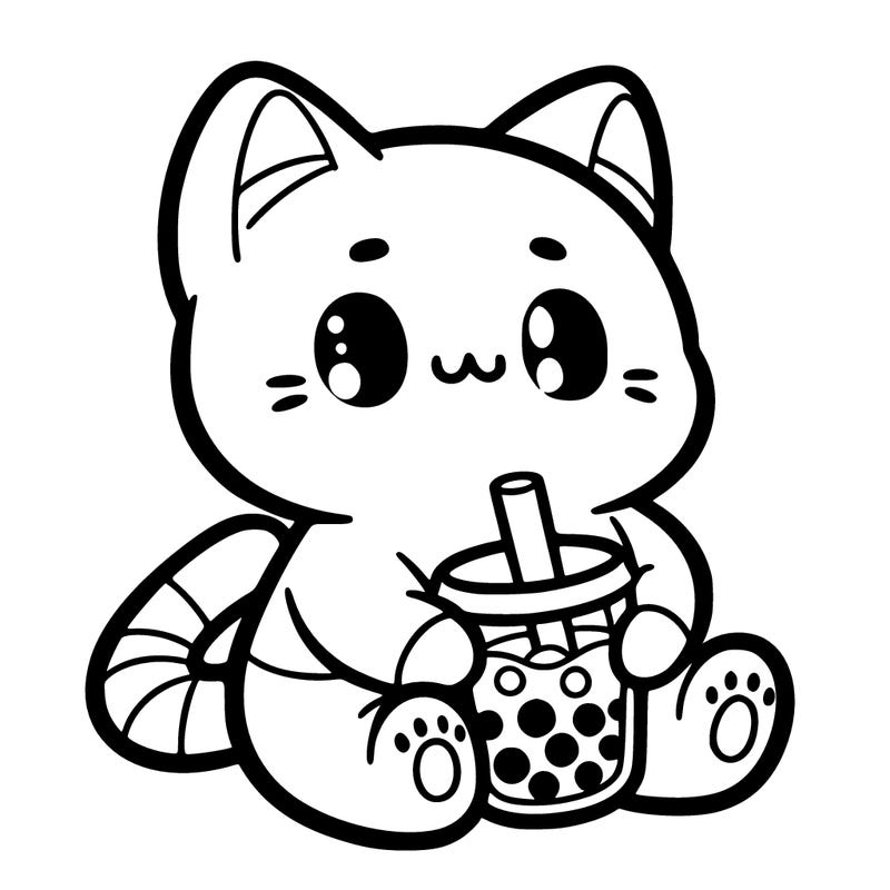 hello kitty sitting in a cute position holding boba