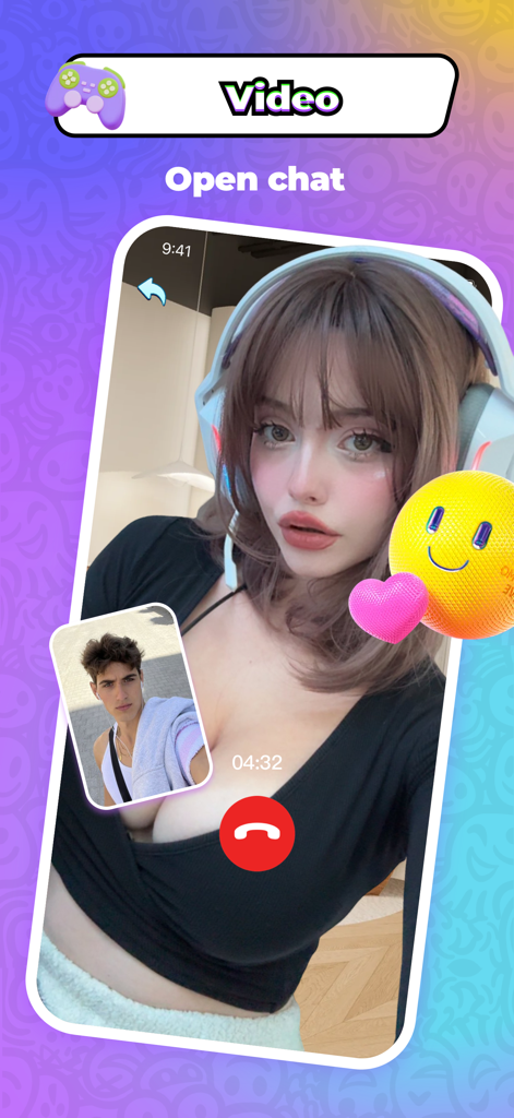 Froliv - Video Call，Have Fun - Froliv app interface displaying a real-time video call between two young users