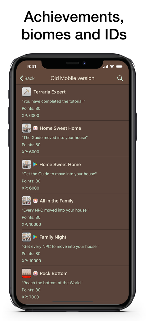 Uno screenshot dell'app Pocket Wiki per Terraria che mostra un elenco di obiettivi di gioco con valori in punti e descrizioni.