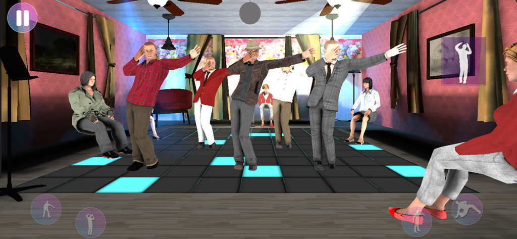 Avatares 3D realizando movimientos sincronizados de baile de hip hop en una pista de baile brillante.