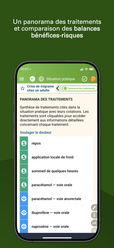 Guide Prescrire - Guide Prescrire app displaying a clinical treatment overview for migraine in adults