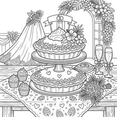 Indulge in a sweet celebration with this charming coloring page featuring decadent coconut cream pies at a romantic wedding. Perfect for capturing the joy of special occasions and delicious treats.