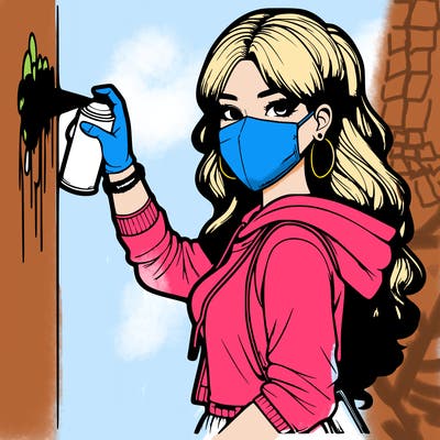 realistic girl with mask spray painting a wall