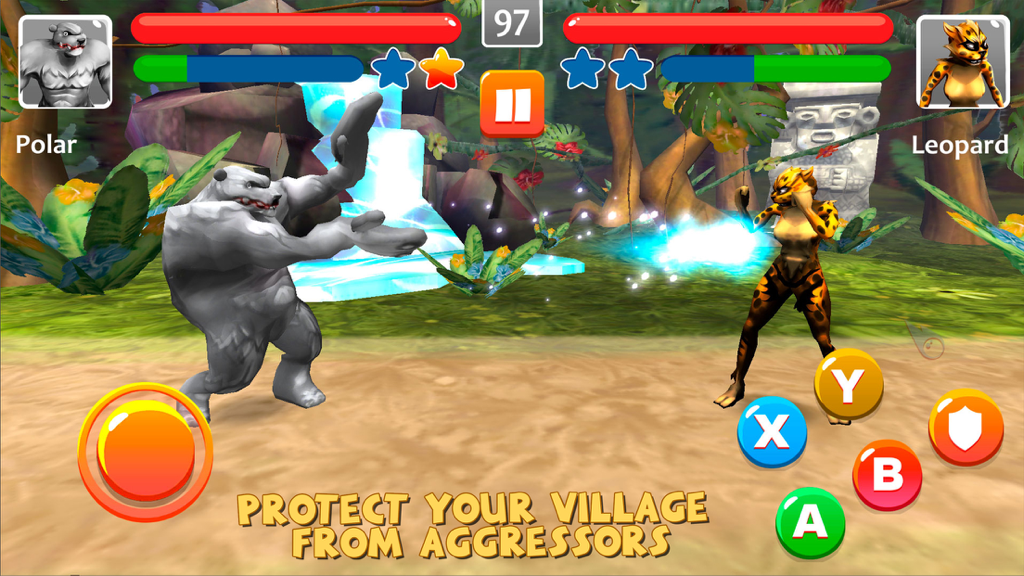 Animals Kungfu Master Legend - A polar bear fighting a leopard in a jungle arena within the Animals Kungfu Master Legend mobile game