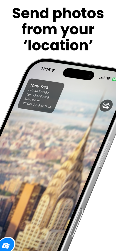 Chrysler Building 사진에 맞춤형 뉴욕 위치 데이터 오버레이가 표시되는 iPhone입니다.