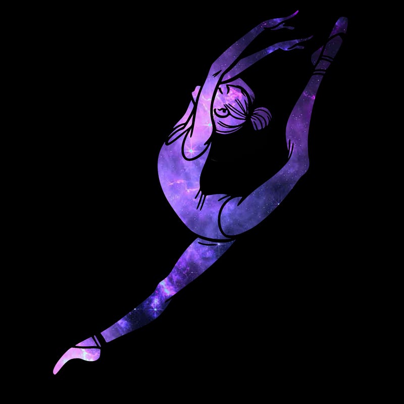 gymnast doing a leap in a leotard with a bent back leg