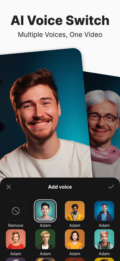 Capsula AI: Video Captions App - Capsula AI app screen showing the AI Voice Switch feature for changing video voices with various presets.