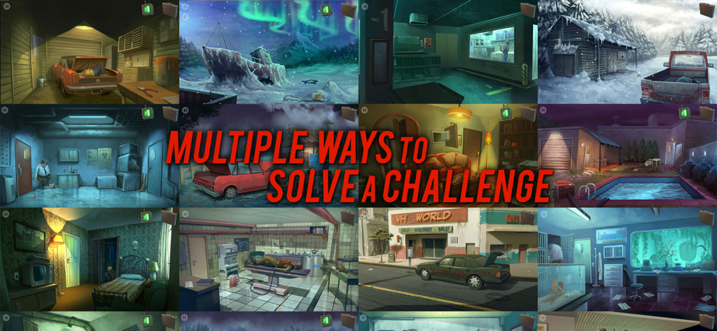 Nobodies: Murder Cleaner - Collage of hand-drawn puzzle scenes from Nobodies Murder Cleaner with text stating multiple ways to solve a challenge