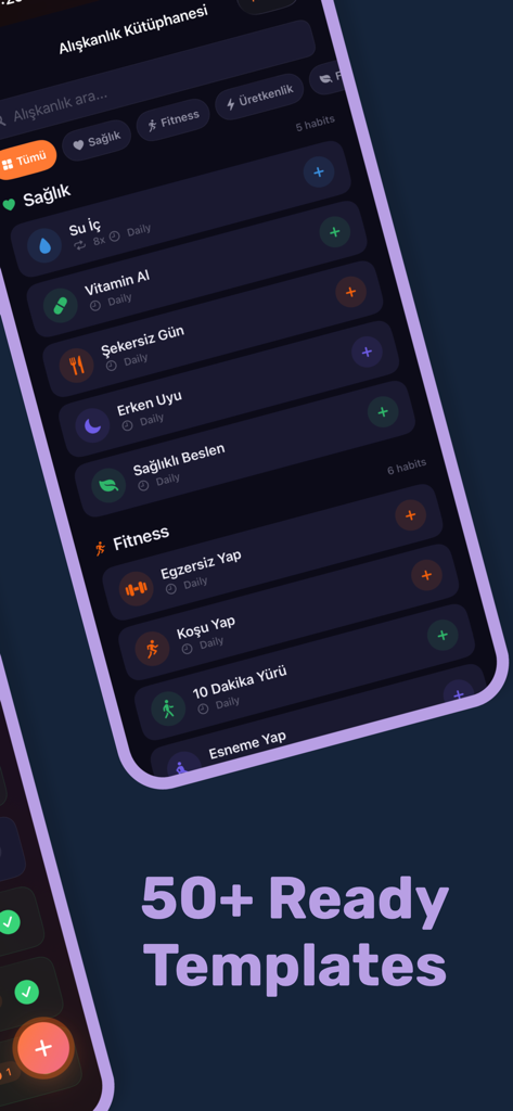 Streakly: Daily Habit Tracker - Streakly habit tracker app interface showing over 50 ready to use habit templates for health and fitness